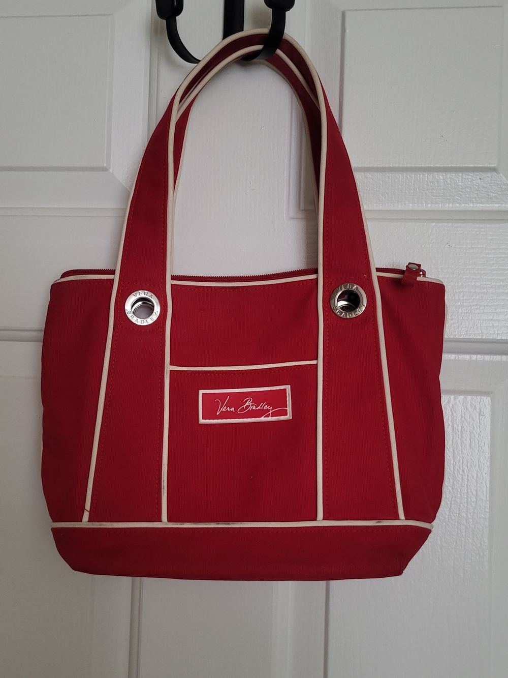 Vera Bradley Mini Red Tote with White Trim and Grommet Accents